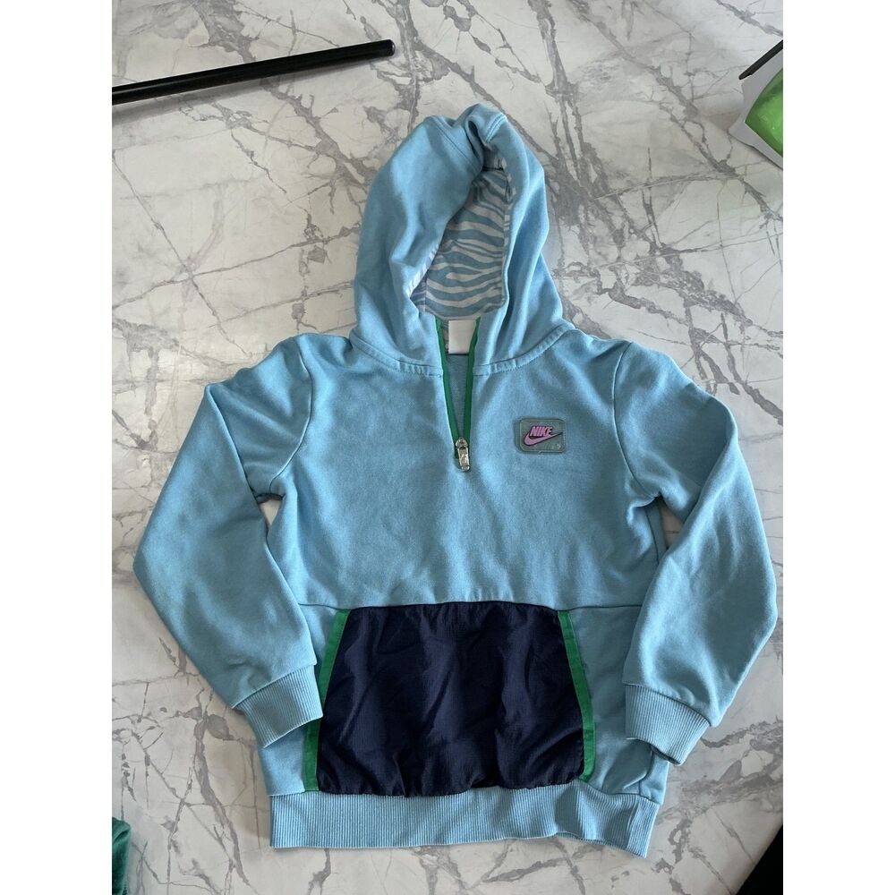 Nike Boys Half Zip Hoodie Size 6 Light Blue Navy Colorblock Swoosh Pullover